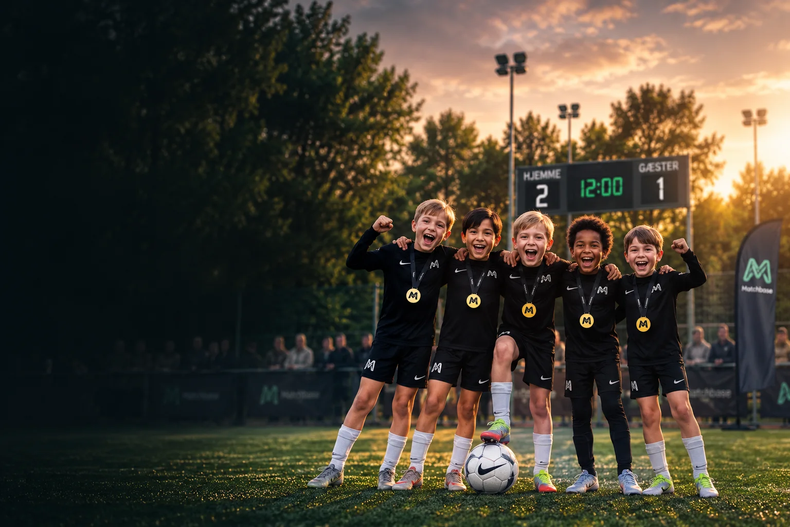 Five young football players celebrate together on the pitch at sunset.